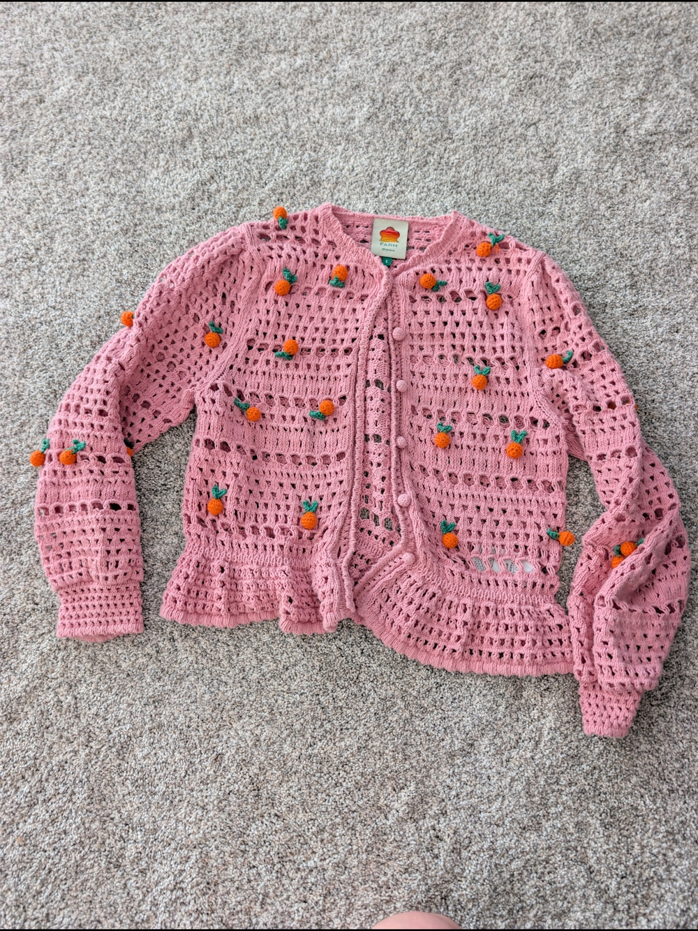 ​Farm Rio Pink Orange Tassel Crochet Cardigan Sweater Small Ruffle Knit